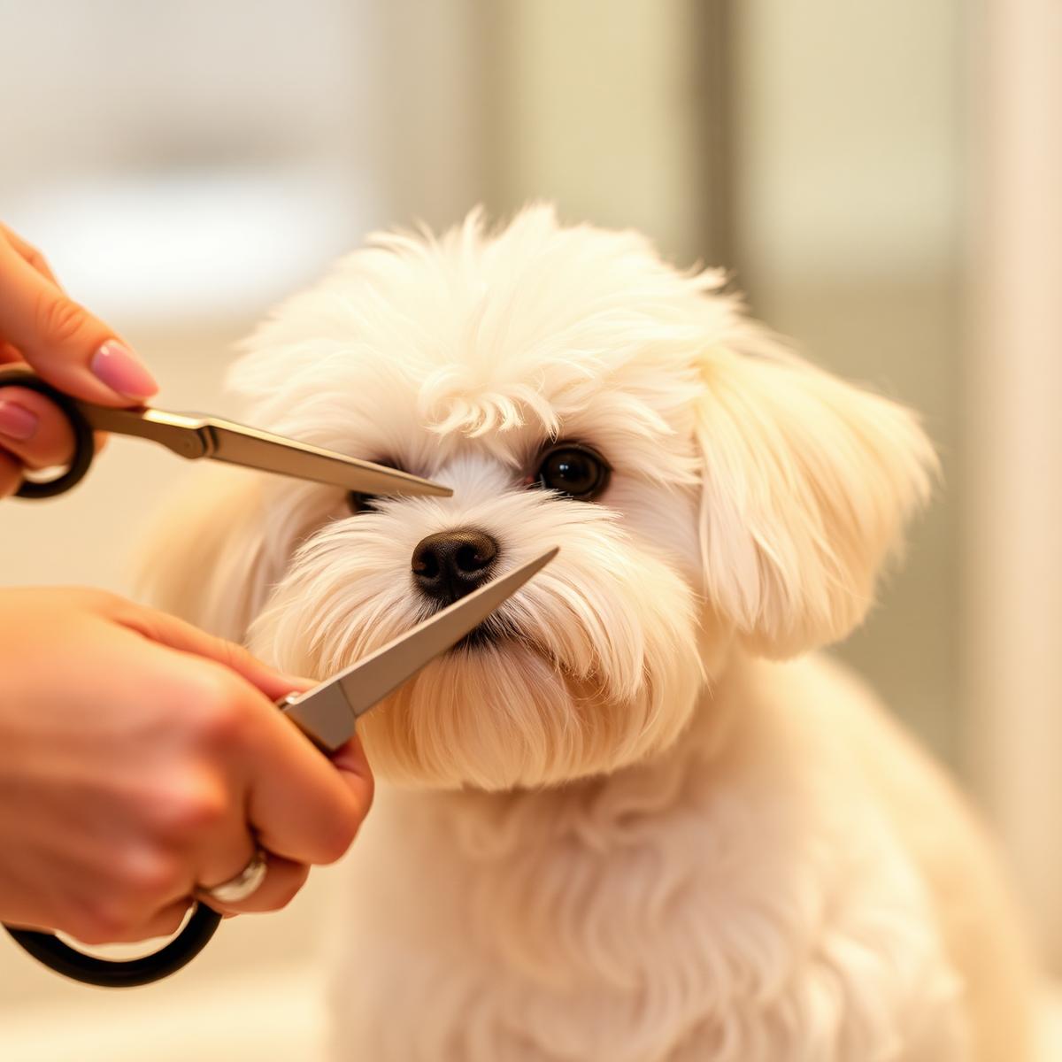 Delicate scissor work on a small white dog