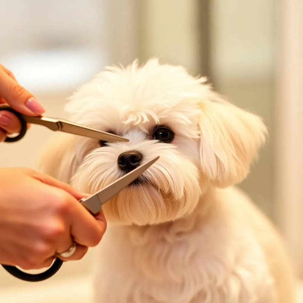 Delicate scissor work on a small white dog