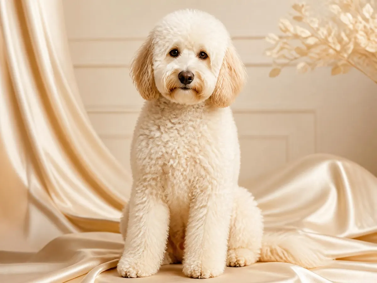 Cream-colored doodle freshly groomed and sitting in front of a soft ivory backdrop