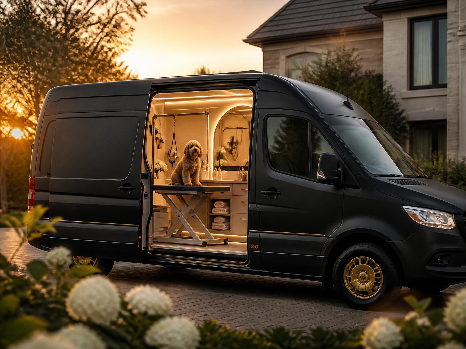 A luxury mobile grooming van at a private residence