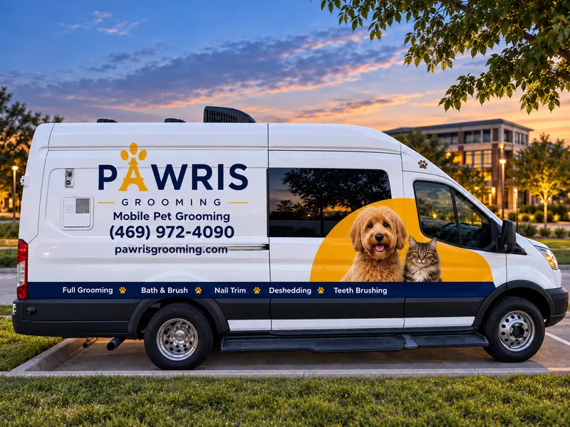 The Pawris Grooming mobile van, branded and parked at a private residence