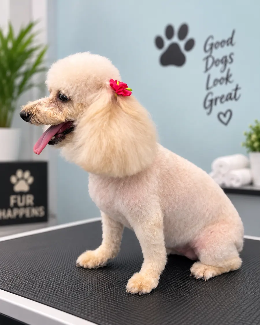 Toy poodle with a rounded teddy-bear cut and a pink bow after a full groom
