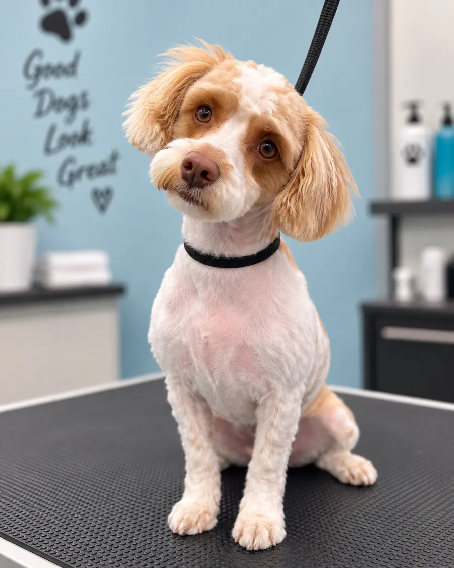 Tan and white dog with soft, fluffy ears sitting on a grooming table after a bath