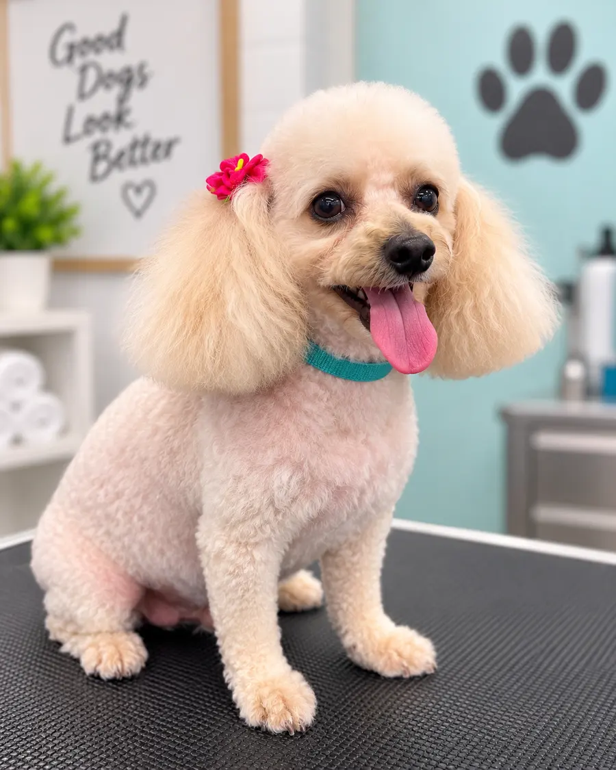 Small apricot poodle with a pink flower, freshly groomed