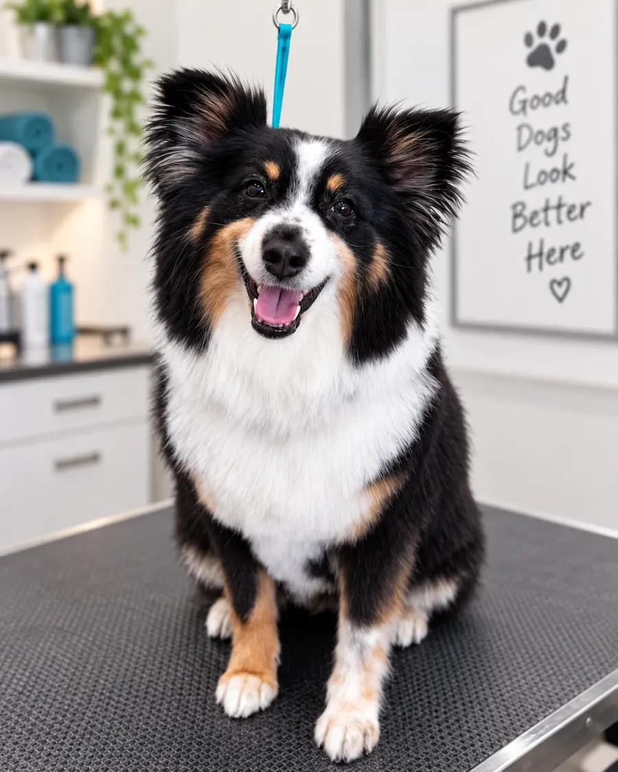 Fluffy tri-color Australian Shepherd sitting on a grooming table