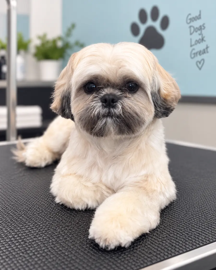 Shih Tzu with a fresh teddy-bear trim lying on a grooming table