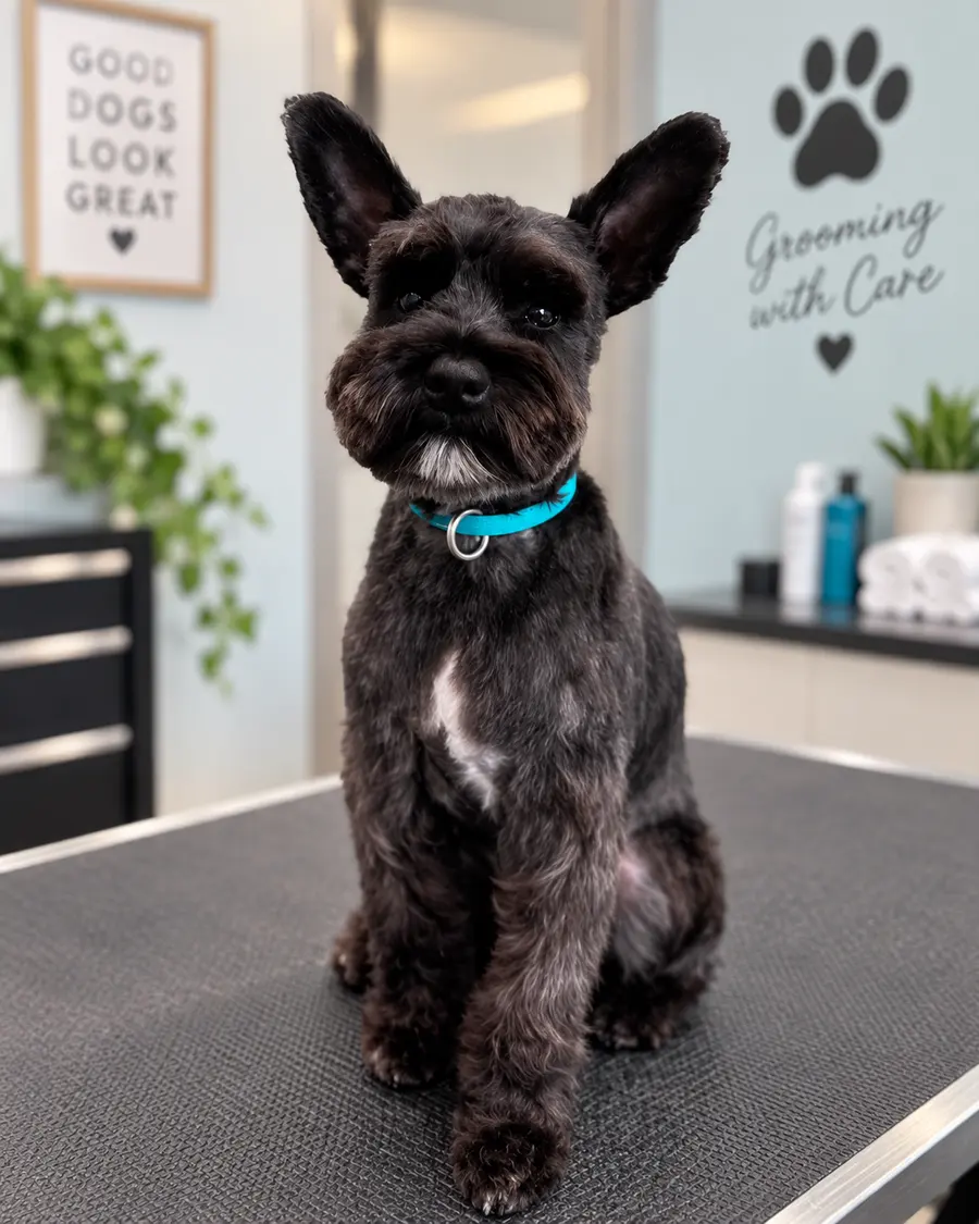 Miniature Schnauzer sitting upright on a grooming table after grooming